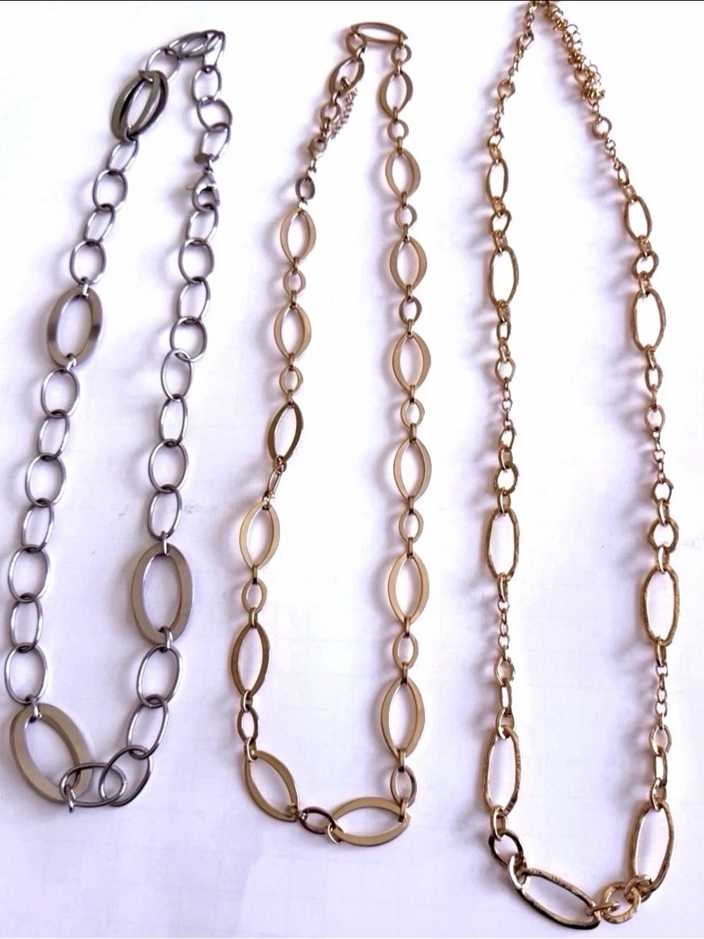 Lot of 3 Long Gold and Silver Linked Oval Chain Necklaces Belts Jewelry 32”